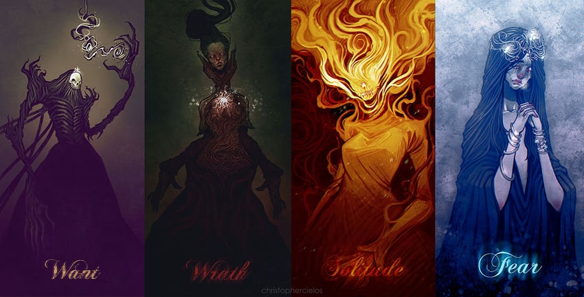 nashandra, alsanna silent oracle, nadalia bride of ash, and elana the squalid queen (dark souls and 1 more) drawn by christophercielos