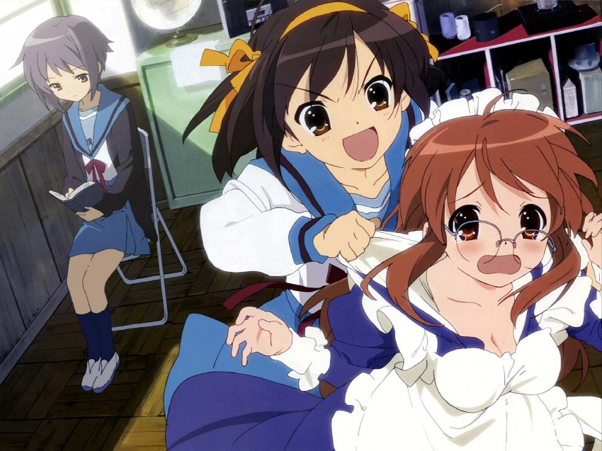 suzumiya haruhi, nagato yuki, and asahina mikuru (suzumiya haruhi no yuuutsu)