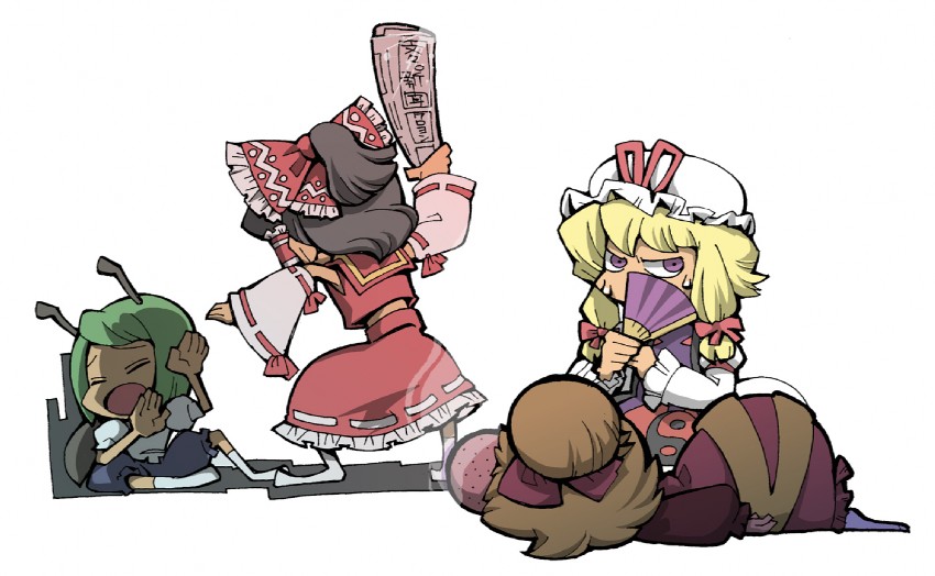hakurei reimu, yakumo yukari, wriggle nightbug, and kurodani yamame (touhou) drawn by hounori