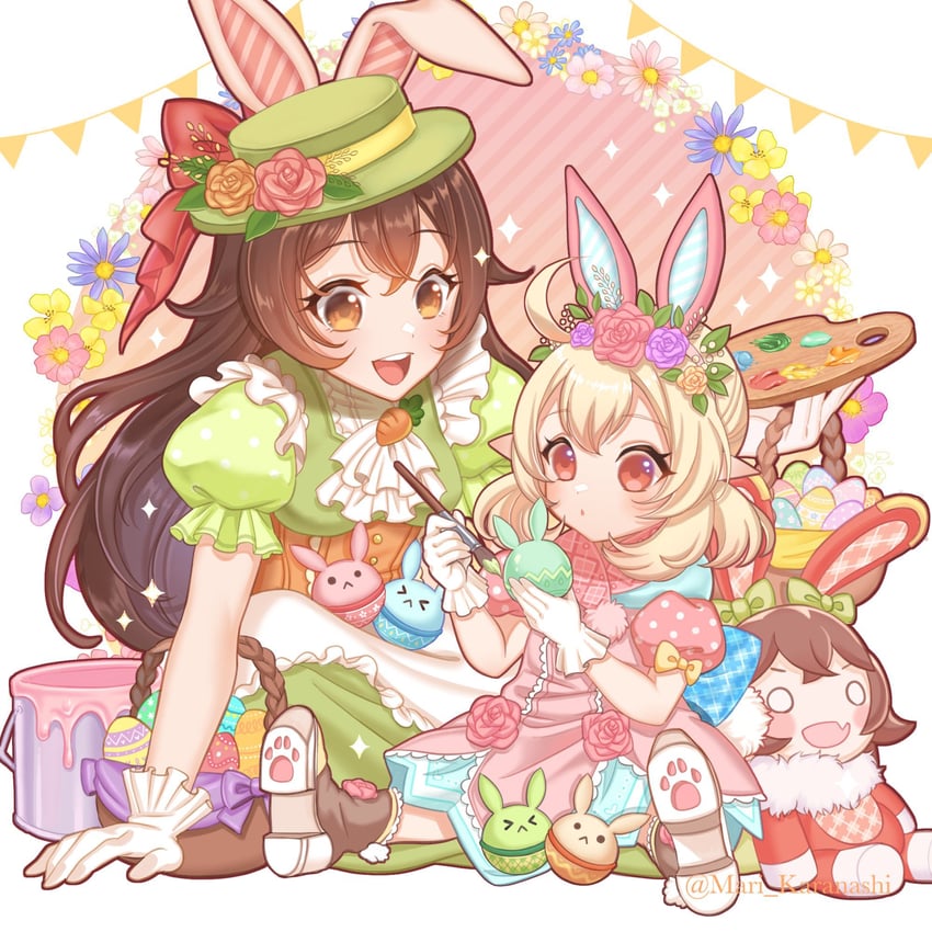 klee, amber, jumpy dumpty, and baron bunny (genshin impact) drawn by karanashi_mari