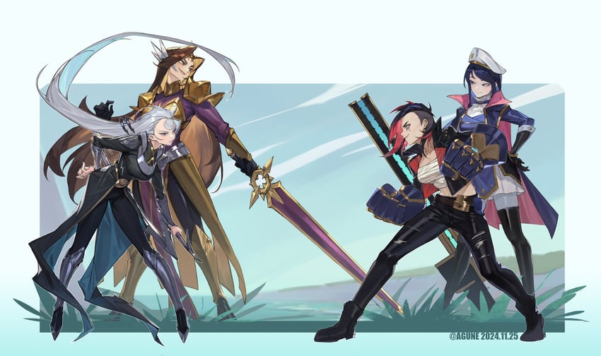 vi, caitlyn, arcane vi, arcane caitlyn, leona, and 1 more (league of legends and 1 more) drawn by agune_p