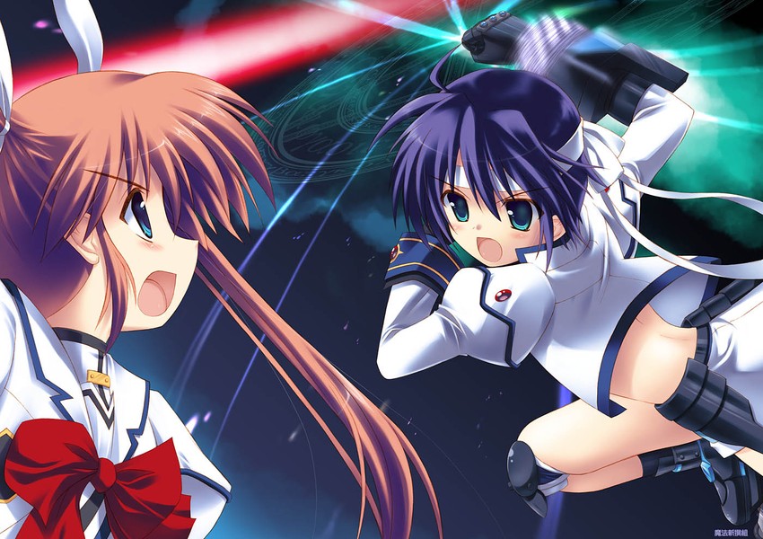 takamachi nanoha, subaru nakajima, revolver knuckle, and mach caliber (lyrical nanoha and 1 more) drawn by kouzuki_hajime