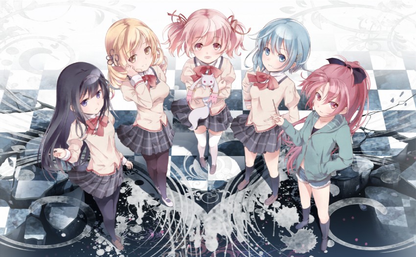 akemi homura, kaname madoka, miki sayaka, sakura kyoko, tomoe mami, and 1 more (mahou shoujo madoka magica) drawn by u-suke_(supertie)