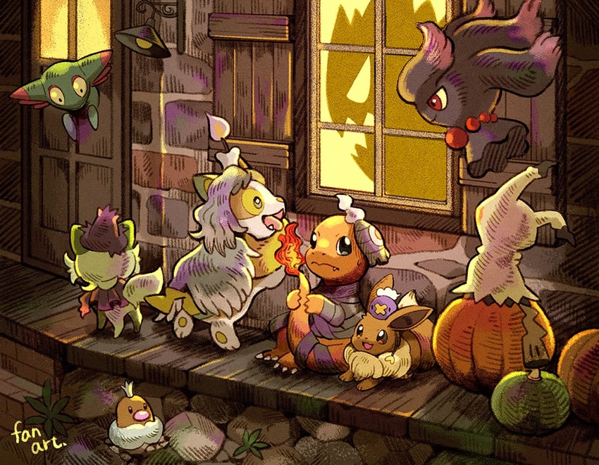 eevee, gengar, mimikyu, sprigatito, charmander, and 8 more (pokemon) drawn by matsuri_(matsuike)