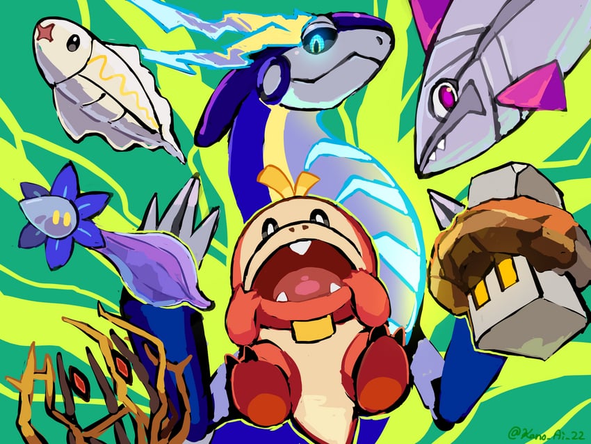 fuecoco, miraidon, tynamo, glimmet, nacli, and 2 more (pokemon) drawn by hakkaro_kano