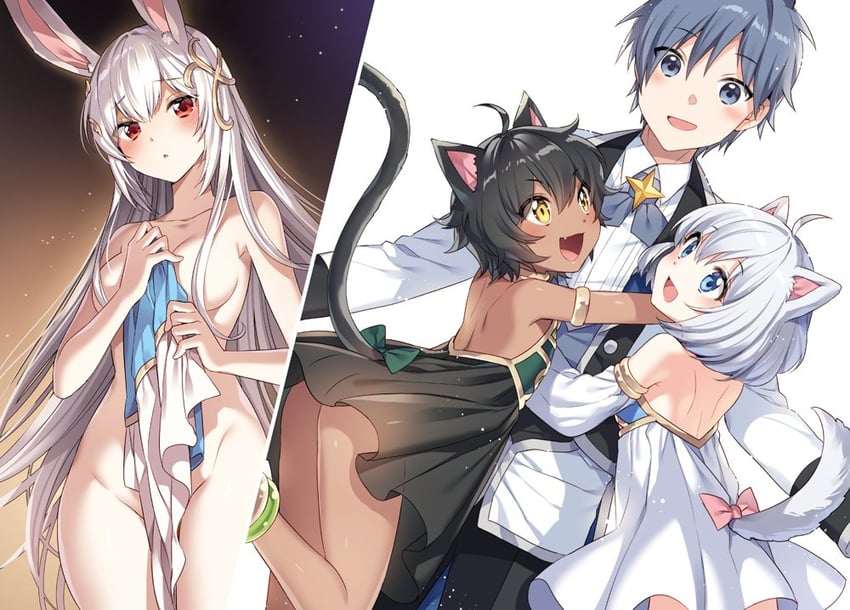 lyuk b forest, sasha, rudy, and minya (megami ni damasareta ore no isekai harem seikatsu) drawn by nardack