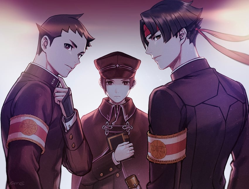 ryunosuke naruhodo, kazuma asogi, susato mikotoba, and ryutaro naruhodo (ace attorney and 2 more) drawn by amemomism