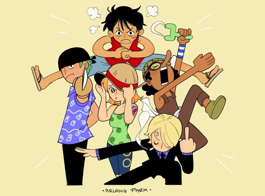 nami, monkey d. luffy, roronoa zoro, sanji, and usopp (one piece) drawn by cesel