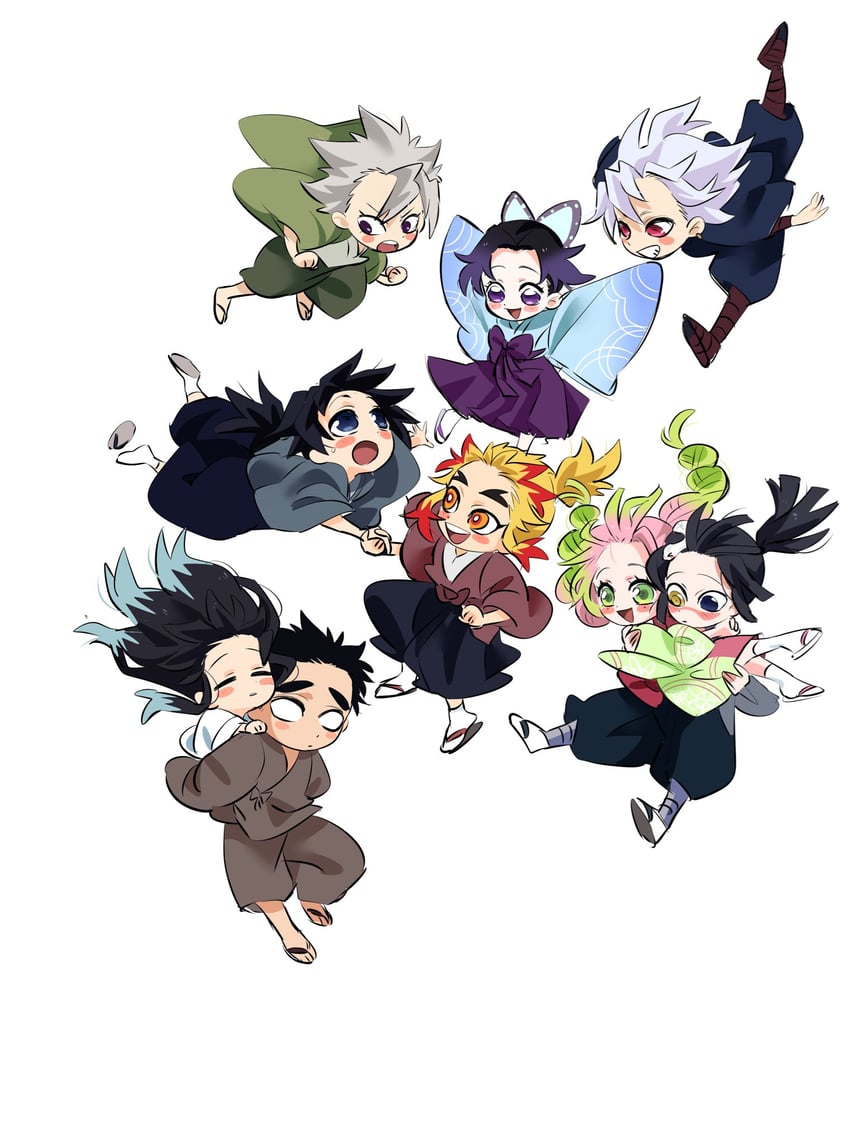 kochou shinobu, kanroji mitsuri, rengoku kyoujurou, tomioka giyuu, tokitou muichirou, and 2 more (kimetsu no yaiba) drawn by soyeonp19
