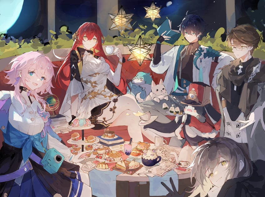 trailblazer, stelle, march 7th, dan heng, himeko, and 2 more (honkai and 1 more) drawn by xu_carman
