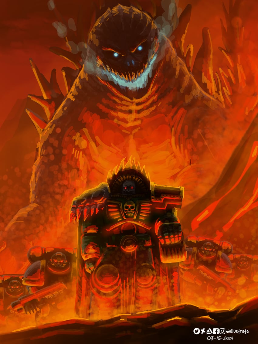 godzilla, adeptus astartes, and vulkan (warhammer 40k and 1 more) drawn by niellustrate