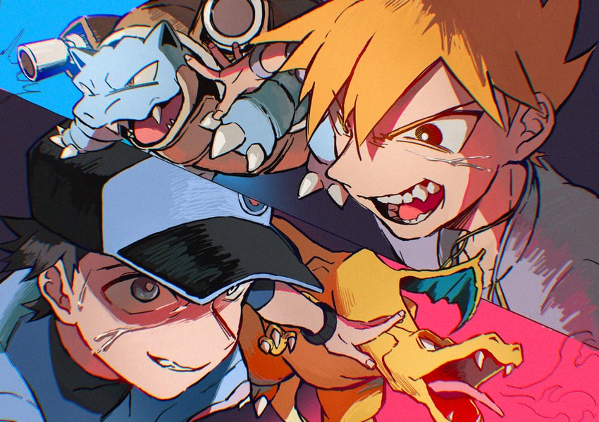 red, blue oak, charizard, and blastoise (pokemon and 1 more) drawn by amaya_uw