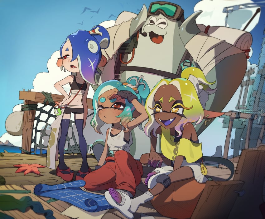 inkling player character, inkling girl, shiver, frye, big man, and 1 more (splatoon and 1 more) drawn by usa_go13