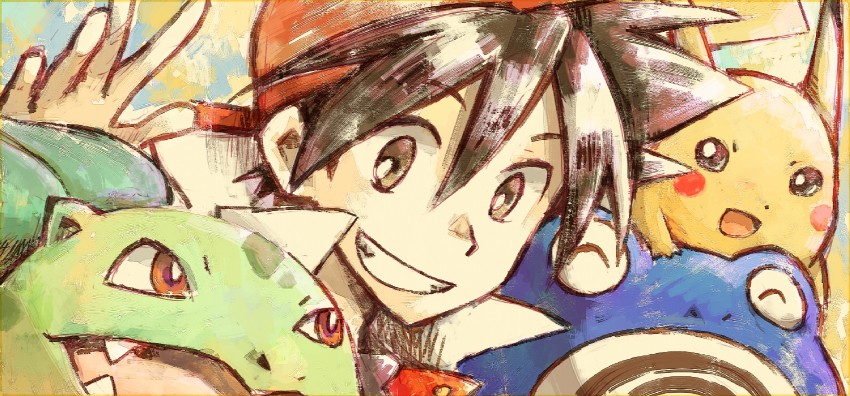 pikachu, red, bulbasaur, pika, and poliwhirl (pokemon and 1 more) drawn by shinoasa