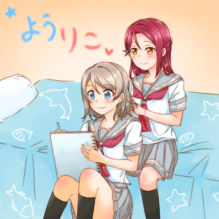 watanabe you and sakurauchi riko (love live! and 1 more) drawn by yuchi_(salmon-1000)