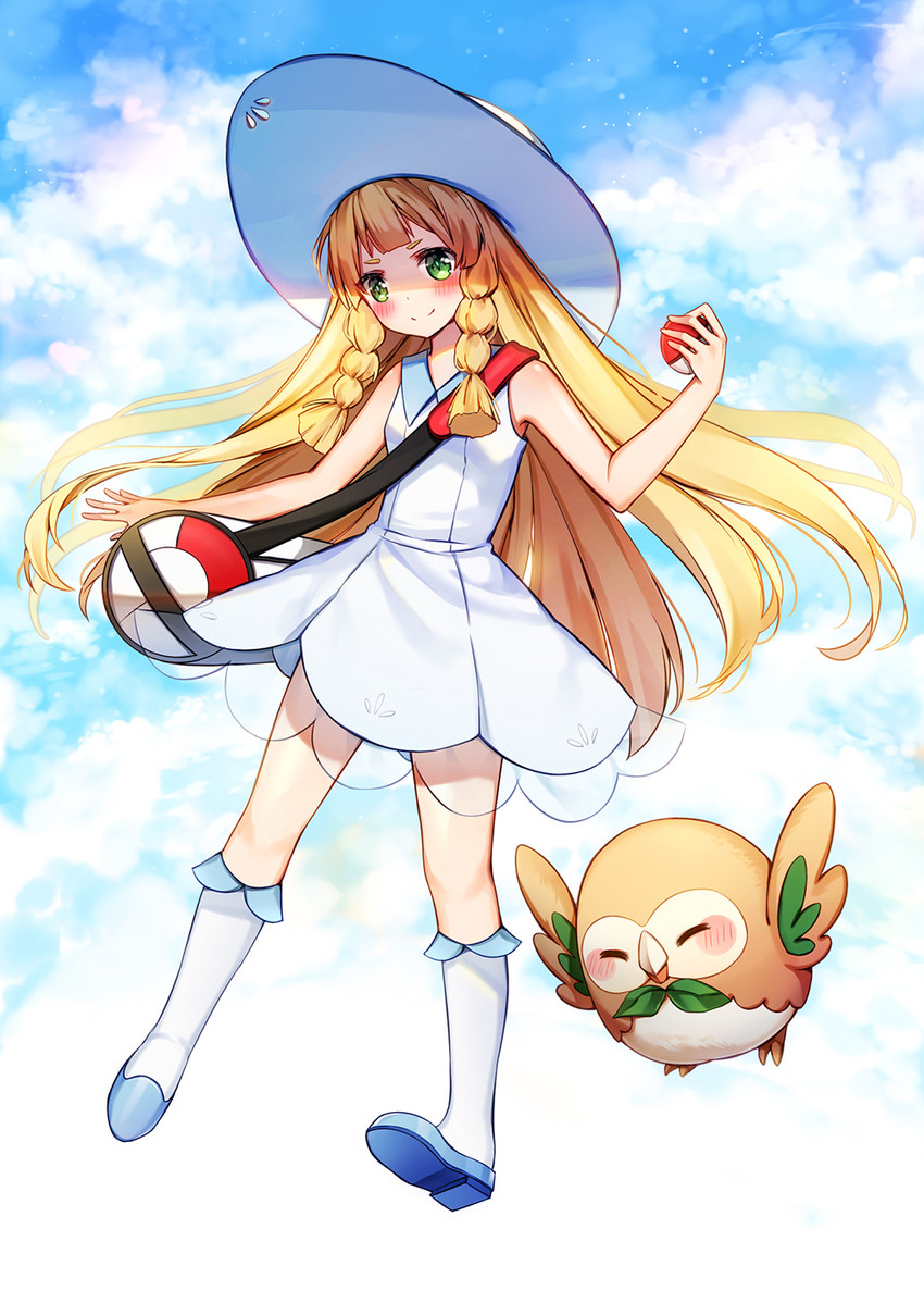 lillie and rowlet (pokemon and 1 more) drawn by iji_(u_mayday)