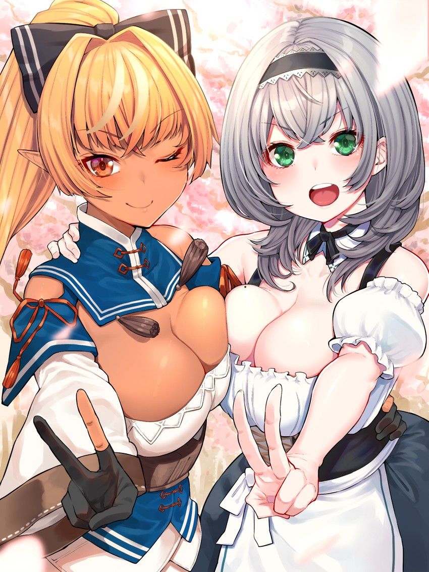 shirogane noel and shiranui flare (hololive) drawn by mikan_(chipstar182)