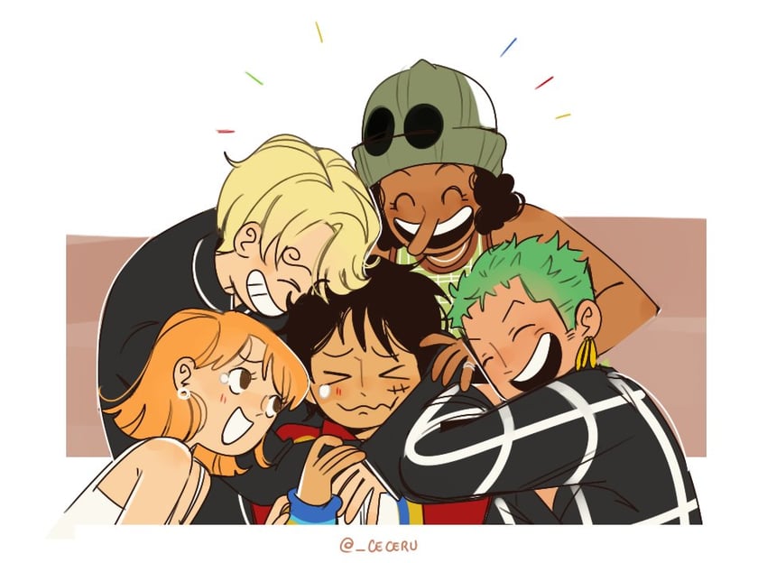 nami, monkey d. luffy, roronoa zoro, sanji, and usopp (one piece) drawn by cesel