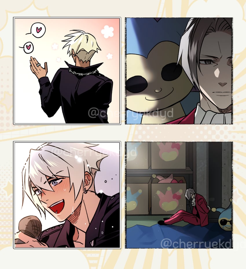 miles edgeworth, pink badger, and proto badger (ace attorney and 2 more) drawn by cherryekdyd