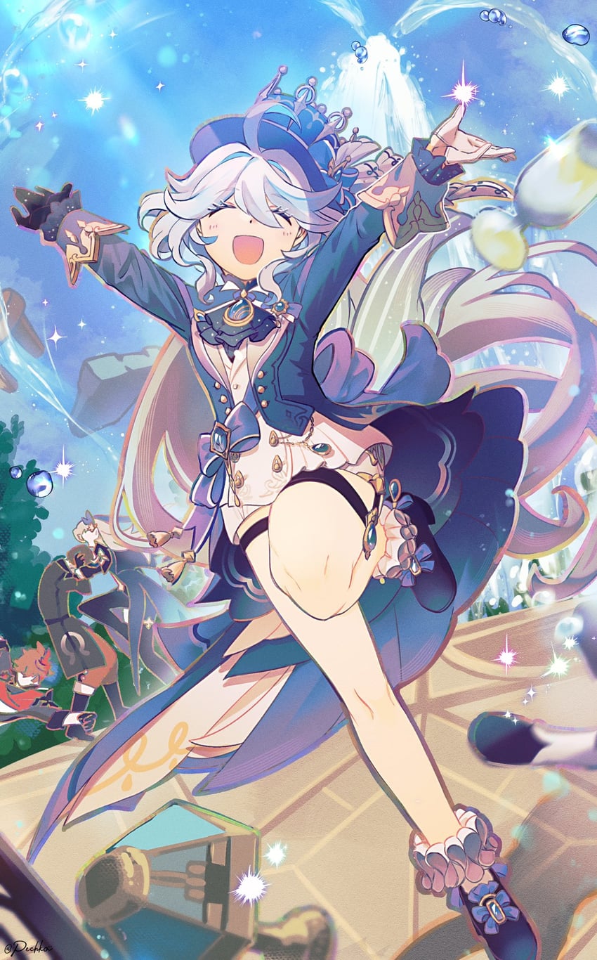 furina, tartaglia, and neuvillette (genshin impact) drawn by pechka