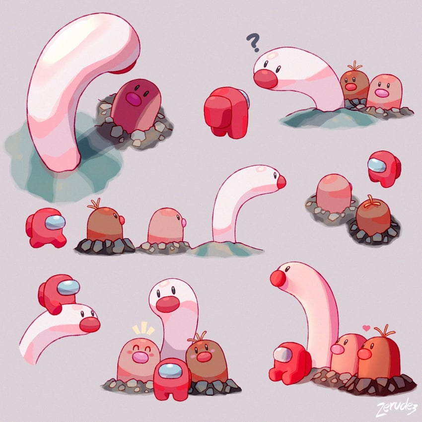 crewmate, diglett, red, wiglett, and alolan diglett (pokemon and 1 more) drawn by marc_azria