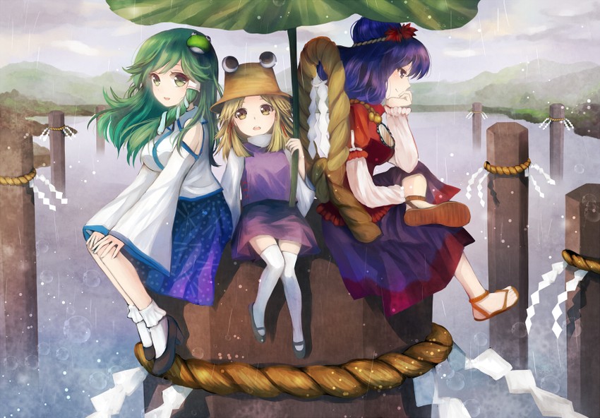 kochiya sanae, moriya suwako, and yasaka kanako (touhou) drawn by nunucco