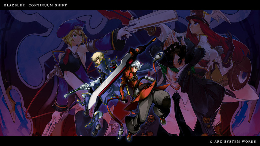 noel vermillion, ragna the bloodedge, jin kisaragi, tsubaki yayoi, and hazama (blazblue)
