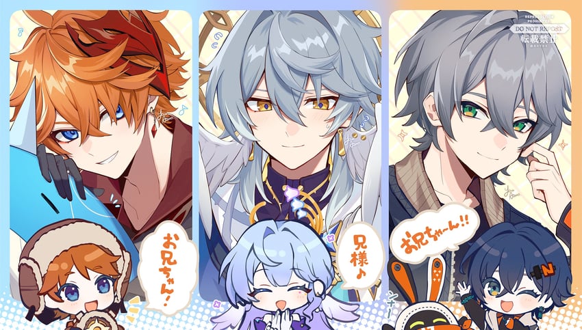 tartaglia, belle, robin, wise, sunday, and 3 more (genshin impact and 4 more) drawn by aononchi