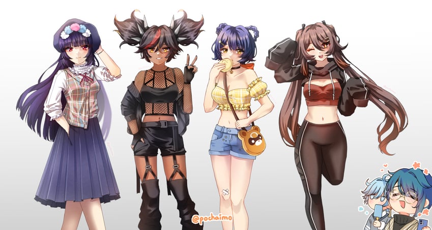 hu tao, xingqiu, chongyun, xiangling, yun jin, and 1 more (genshin impact) drawn by pochaimo