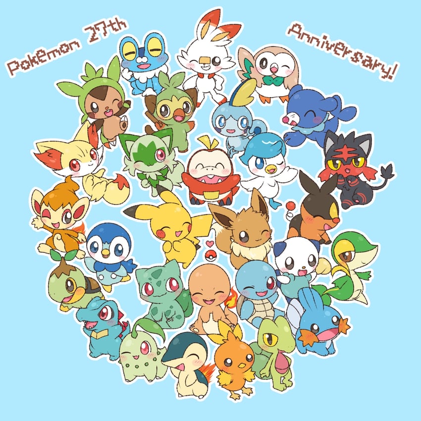 pikachu, eevee, rowlet, piplup, oshawott, and 24 more (pokemon) drawn by apple_rainy