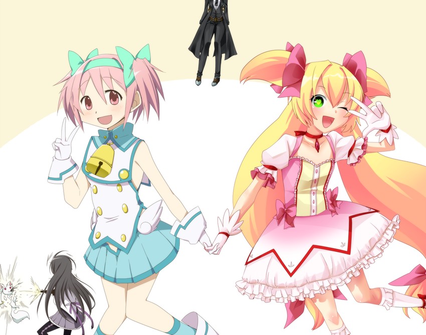 akemi homura, kaname madoka, kyubey, platinum the trinity, hazama, and 1 more (mahou shoujo madoka magica and 1 more) drawn by sayo_wini