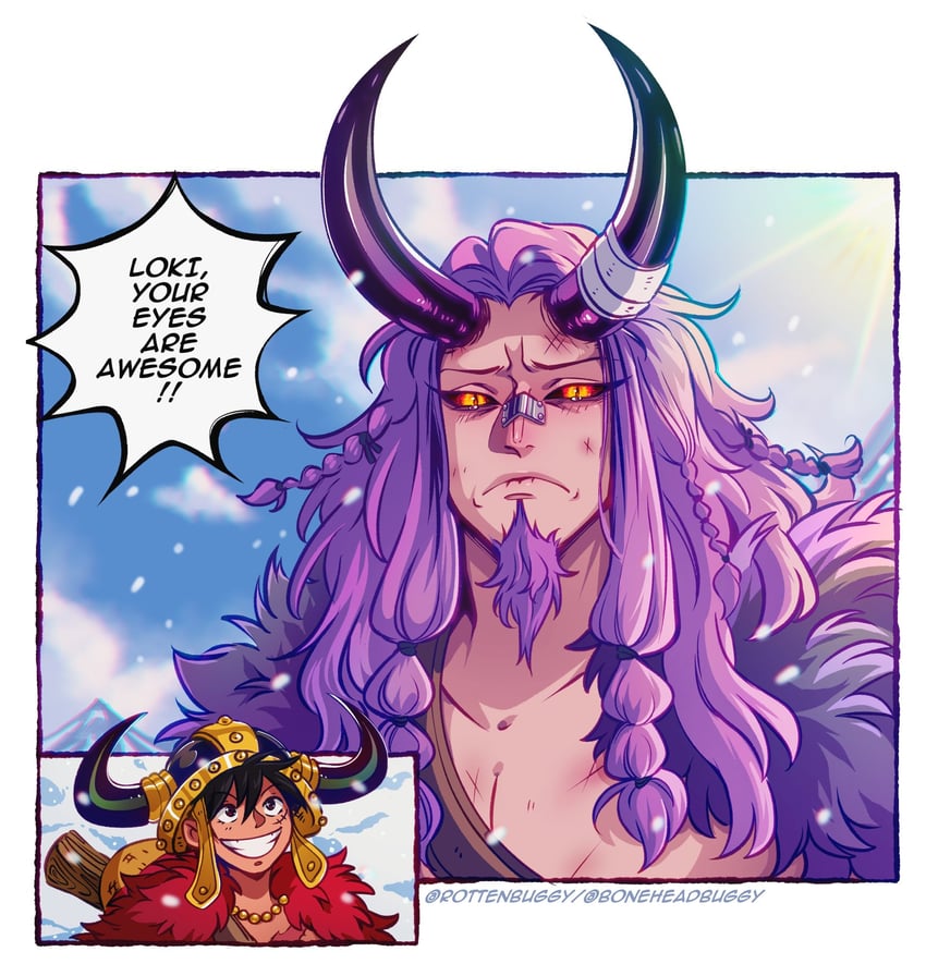 monkey d. luffy and loki (one piece) drawn by rottenbuggy