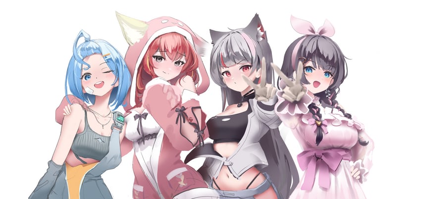 akane lize, shirayuki hina, neneko mashiro, and arahashi tabi (stellive) drawn by thumbsup_stella