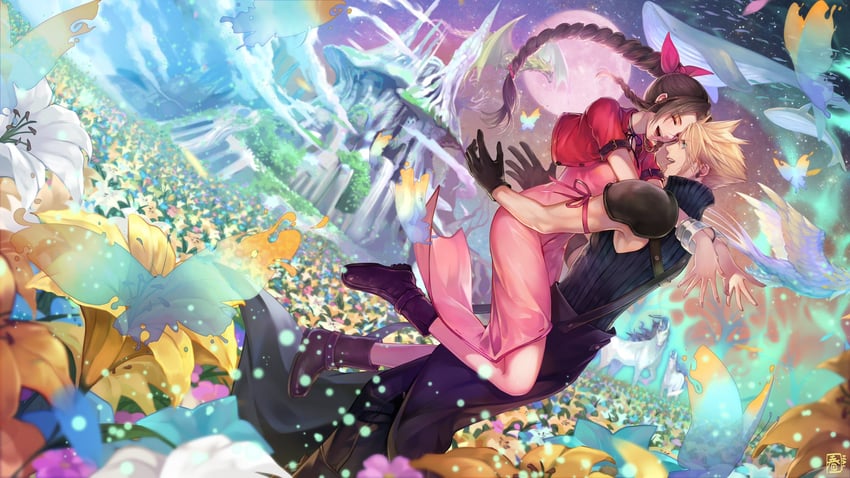 cloud strife and aerith gainsborough (final fantasy and 2 more) drawn by halu-ca