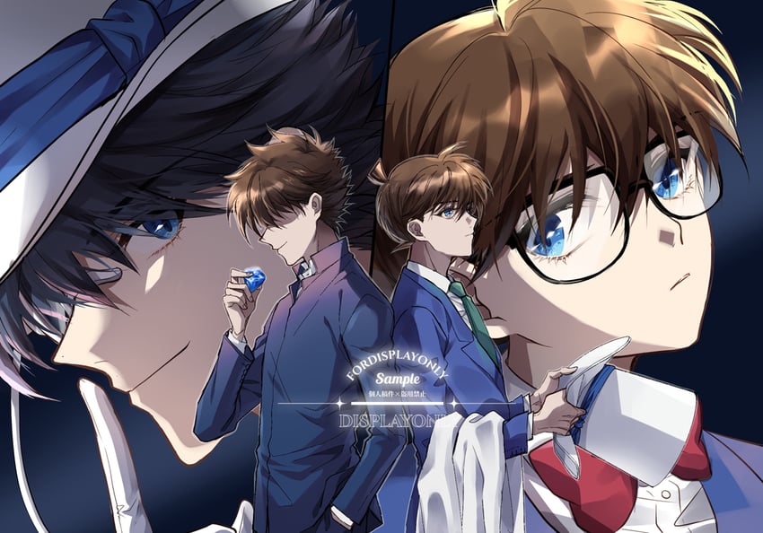 edogawa conan, kudou shin'ichi, kaitou kid, and kuroba kaito (meitantei conan and 1 more) drawn by riceko