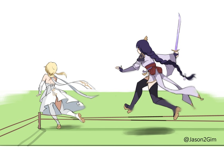 lumine and raiden shogun (genshin impact) drawn by jason_kim