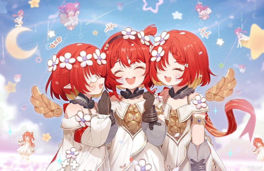 tribbie, trianne, and trinnon (honkai and 1 more) drawn by deyui