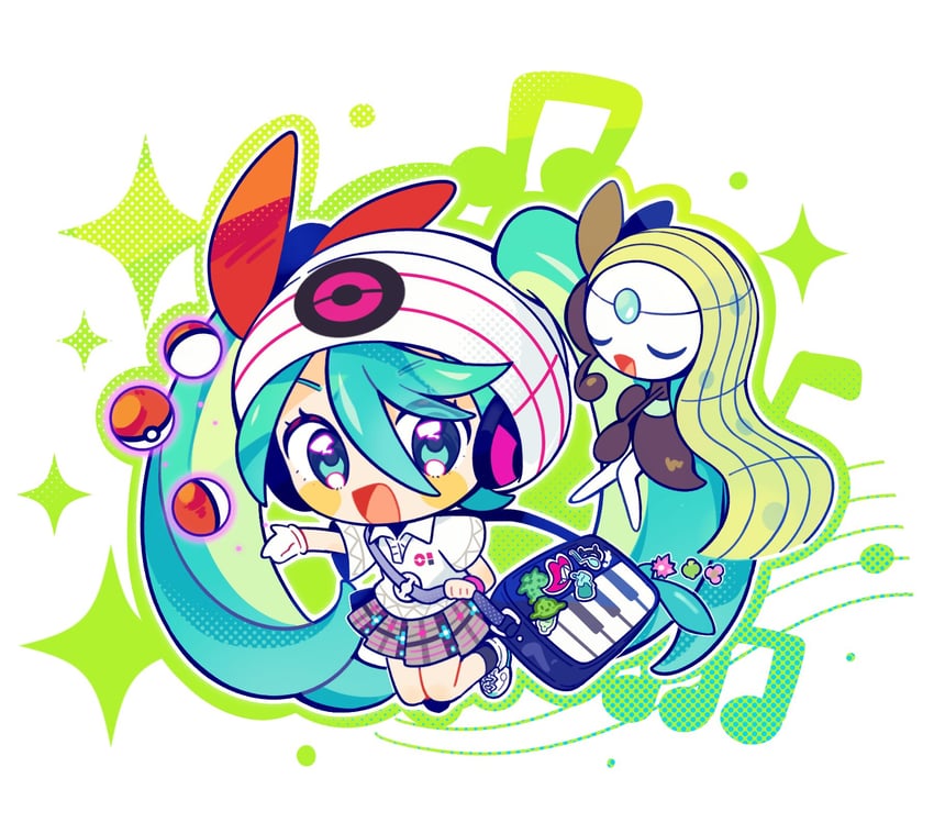 hatsune miku, meloetta, and psychic miku (pokemon and 2 more) drawn by inomo_(qimoshu)