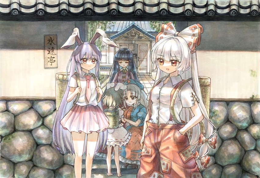 reisen udongein inaba, fujiwara no mokou, houraisan kaguya, inaba tewi, and yagokoro eirin (touhou) drawn by hisako_(6anmbblfnjueeff)