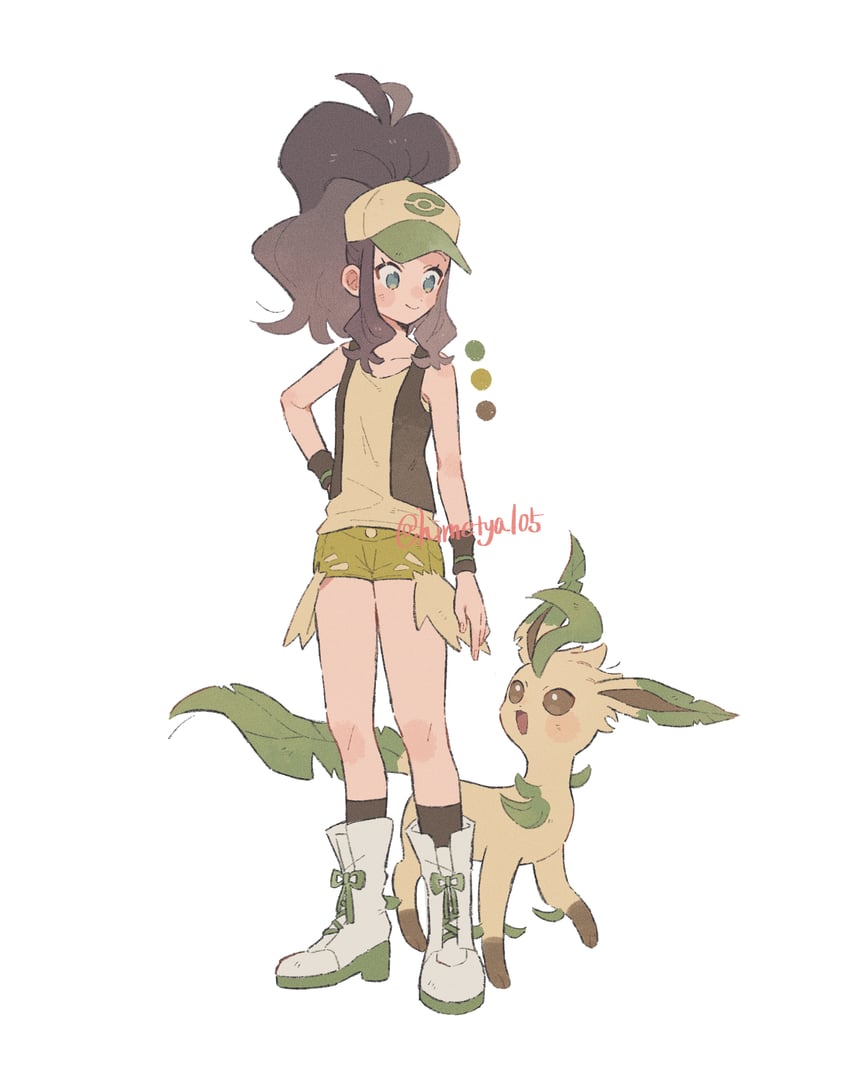 hilda and leafeon (pokemon and 1 more) drawn by hime_(himetya105)