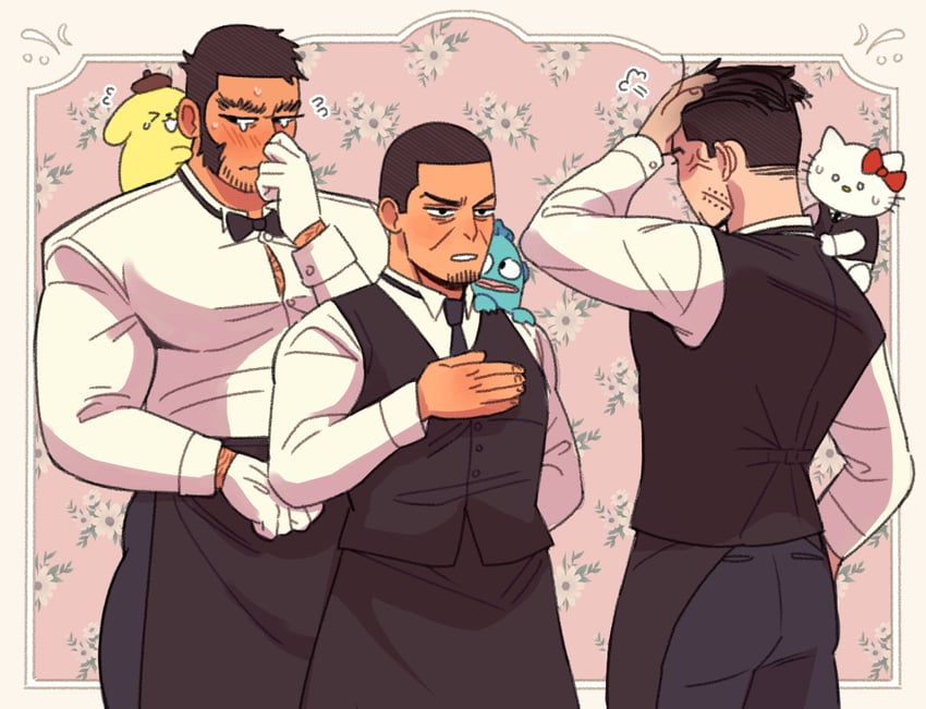 hello kitty, ogata hyakunosuke, tanigaki genjirou, tsukishima hajime, pompompurin, and 1 more (sanrio and 2 more) drawn by foazycozy