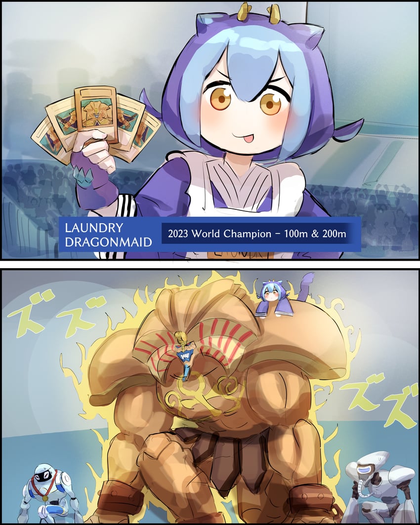 laundry dragonmaid, exodia the forbidden one, speed warrior, and top runner (yu-gi-oh! and 1 more) drawn by hatano_kiyoshi