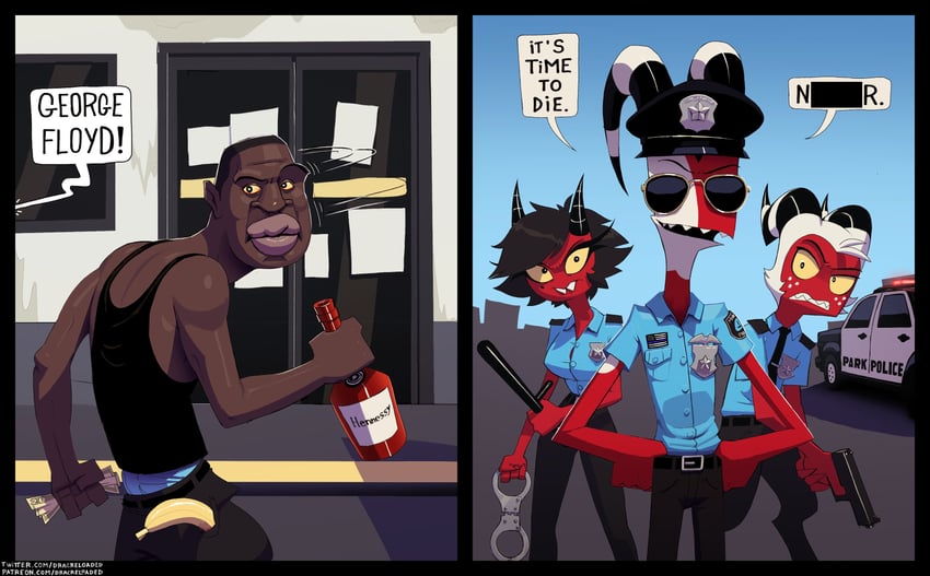blitzo, moxxie, millie, and george floyd (real life and 1 more) drawn by dracorex