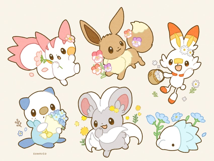 eevee, scorbunny, oshawott, pachirisu, snom, and 1 more (pokemon) drawn by kawauso_irasuto
