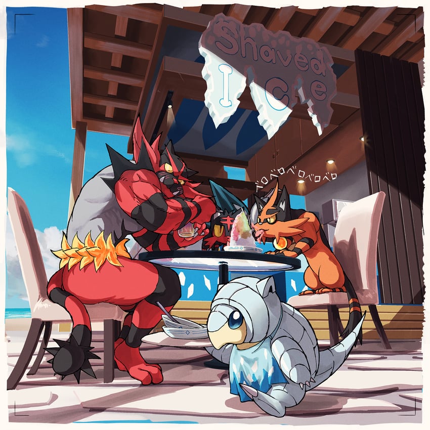 litten, incineroar, torracat, and alolan sandshrew (pokemon) drawn by how_long