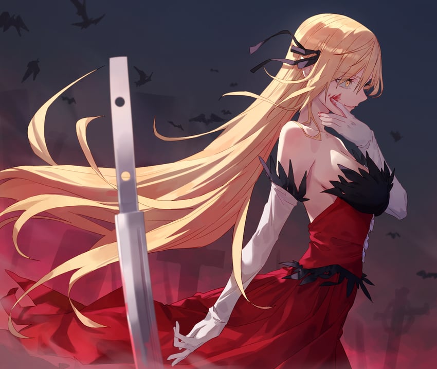 oshino shinobu and kiss-shot acerola-orion heart-under-blade (monogatari) drawn by tesin_(7aehyun)