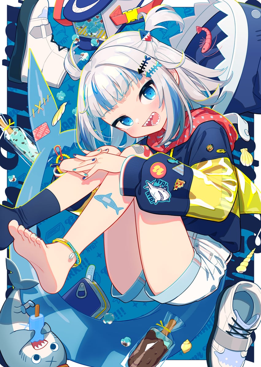 gawr gura, bloop, and ebi-chan (hololive and 1 more) drawn by uchako