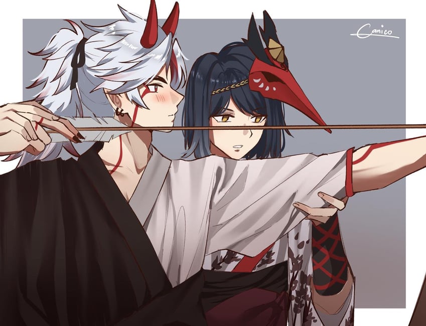 kujou sara and arataki itto (genshin impact) drawn by canicoooo
