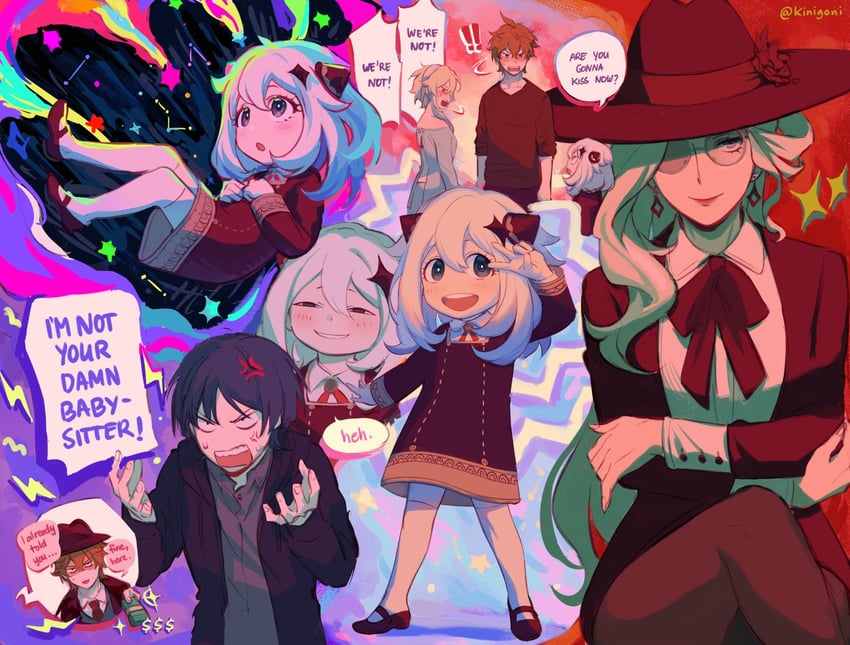 lumine, scaramouche, yor briar, paimon, tartaglia, and 5 more (genshin impact and 1 more) drawn by kinigoni