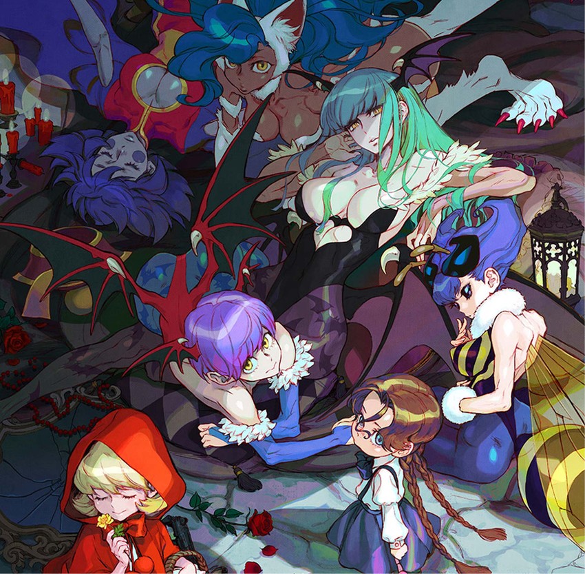 morrigan aensland, lilith, felicia, hsien-ko, b.b. hood, and 2 more (darkstalkers) drawn by nishimura_kinu
